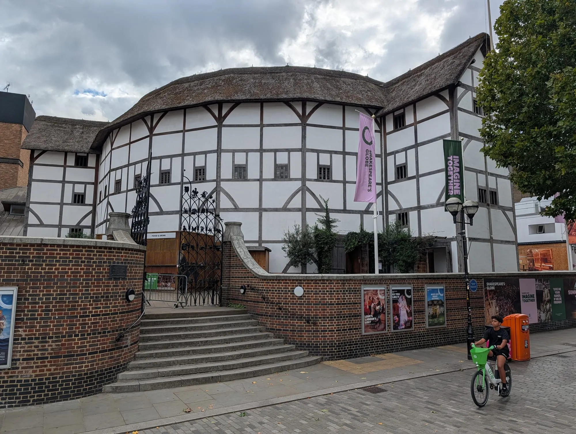 The white timber and thatch exterior of Shakespeare's Globe on Bankside