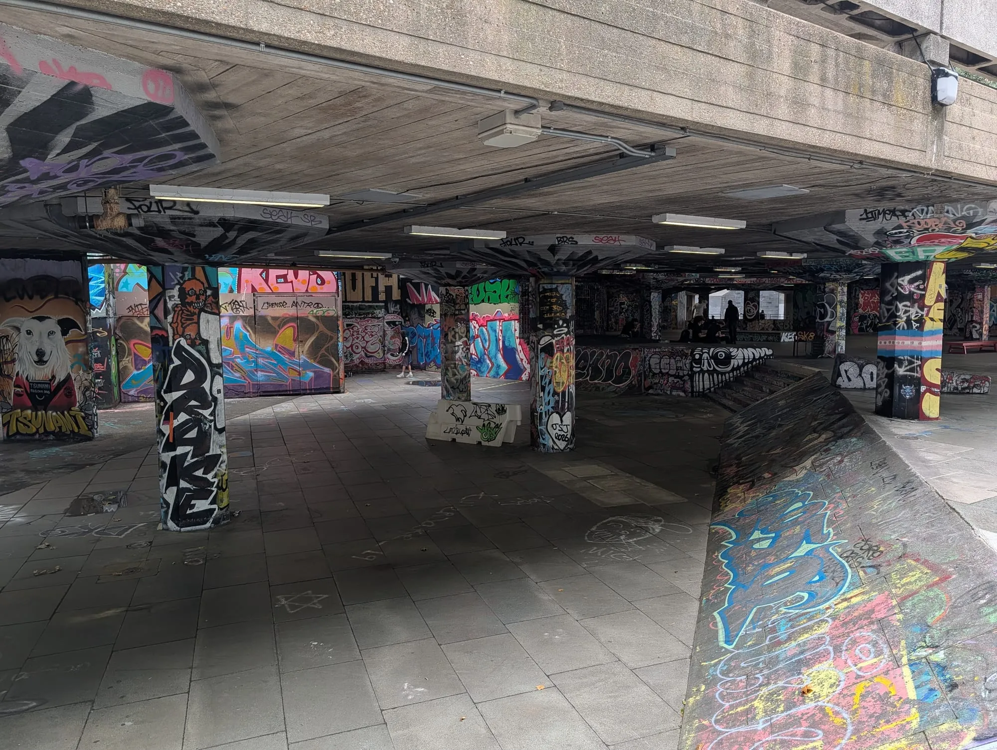 The concrete banks and graffiti-covered pillars of the Undercroft skate park beneath the Southbank Centre