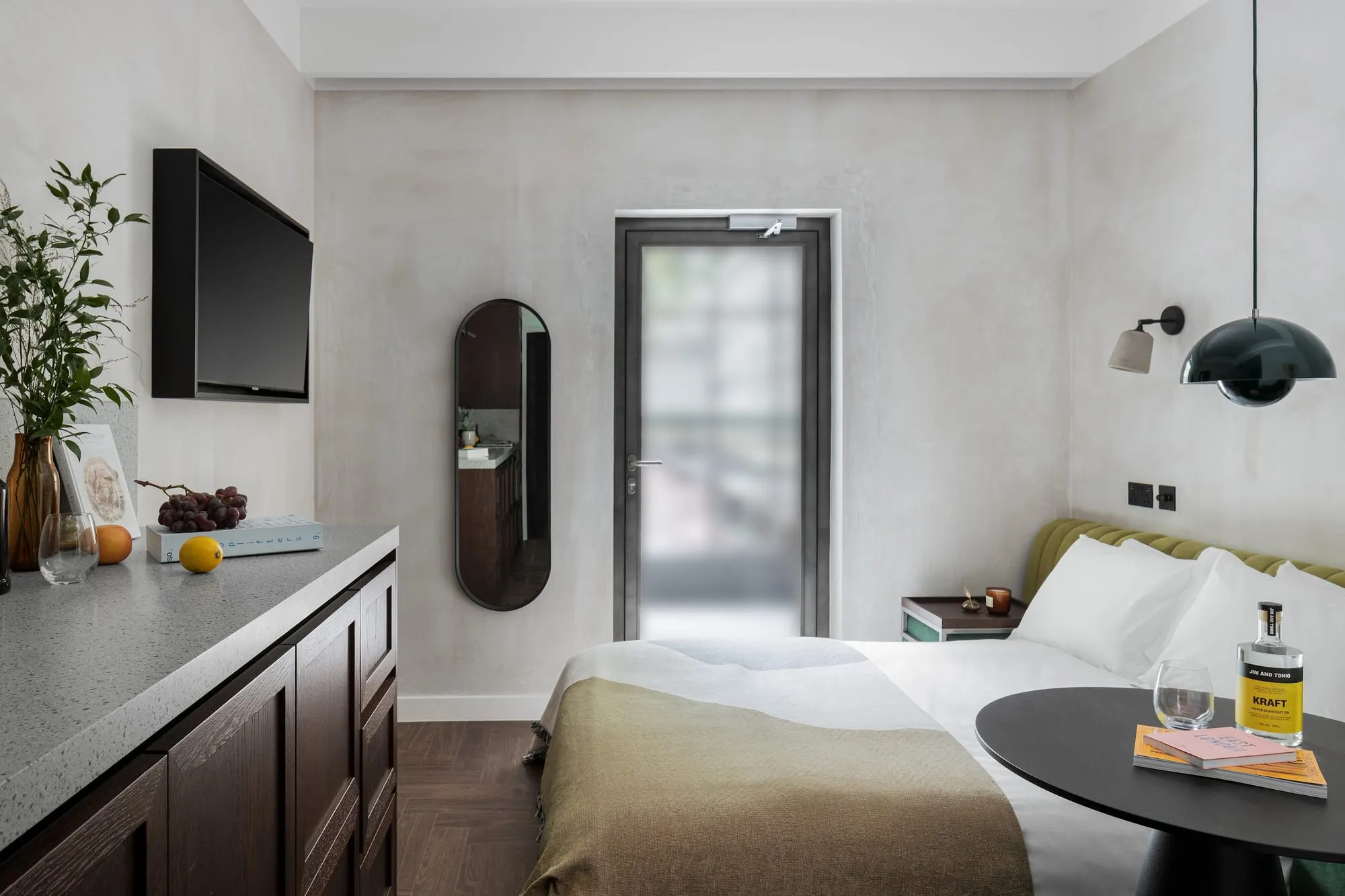 A studio at Staycity Aparthotels Dalston with a kitchenette and a bed, showing the apartment-style layout