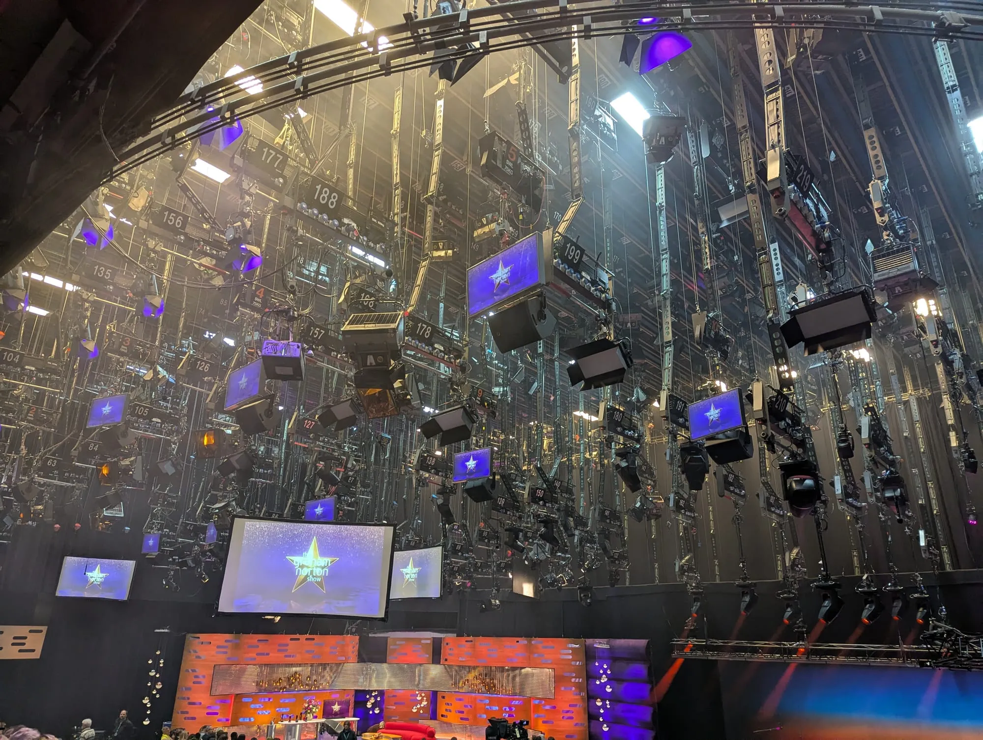 The studio lighting rig from below, hundreds of lamps, speakers and monitors numbered and suspended on wires above the set
