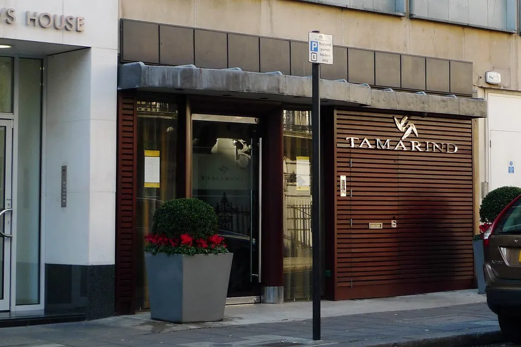 The dark frontage of Tamarind restaurant in Mayfair