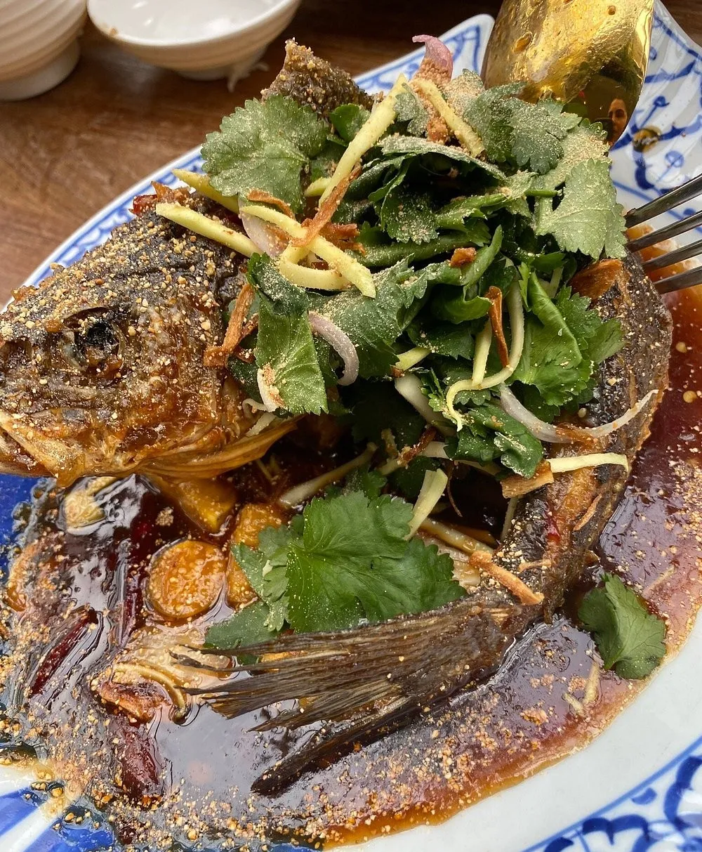 A whole fried fish under coriander, shredded ginger and sliced shallots in a dark sauce, on a blue and white plate