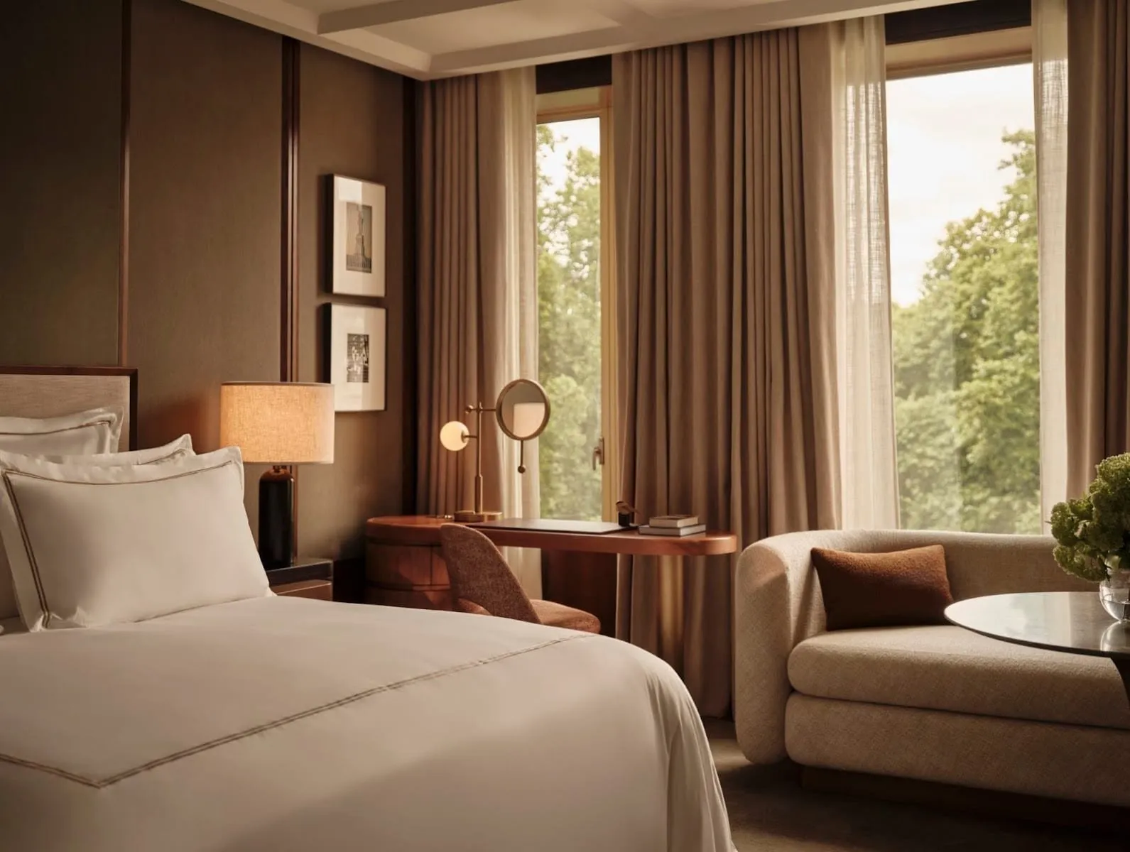 A Chancery Rosewood bedroom in taupe and cream with a curved cream sofa, a timber desk with a round brass mirror, and floor-to-ceiling windows onto trees