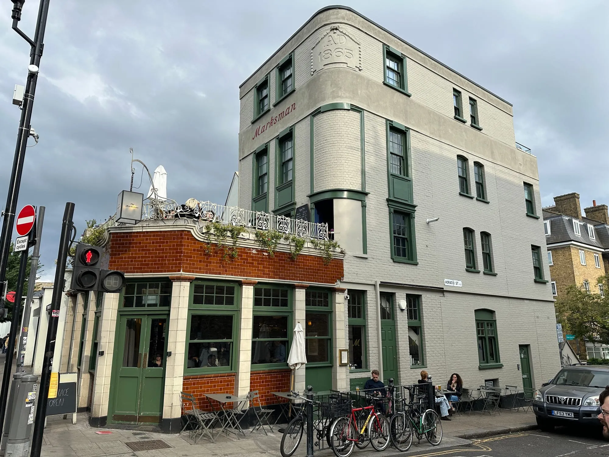 The Marksman pub on Hackney Road, with its tiled frontage