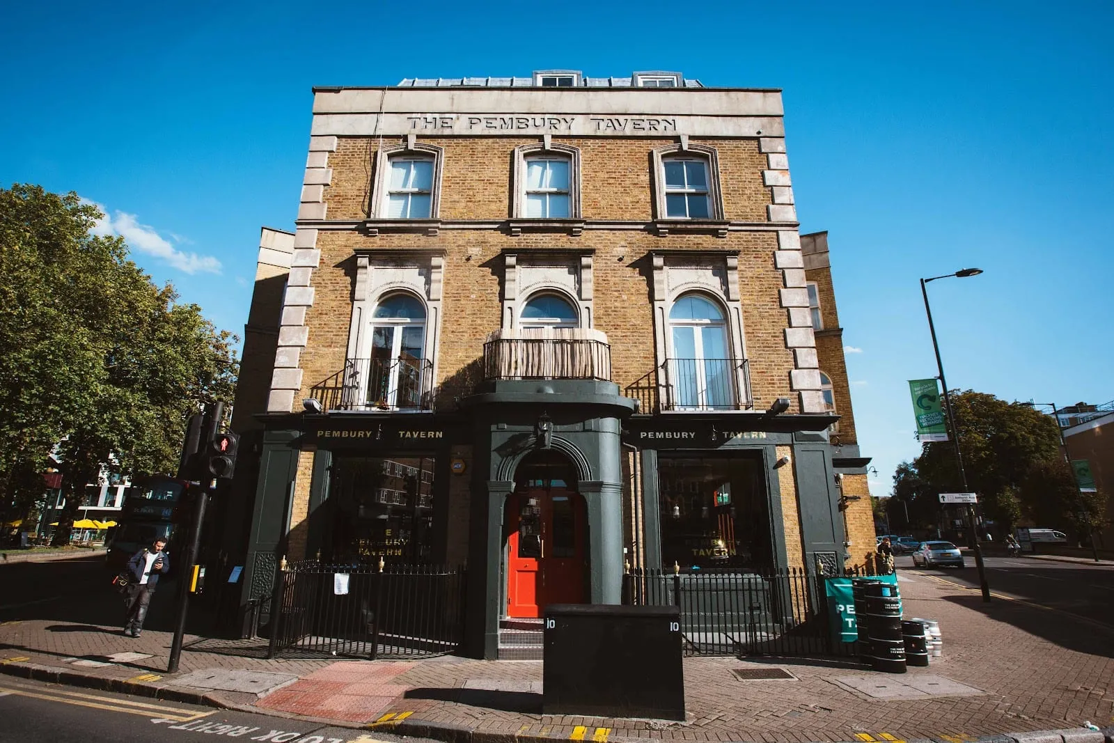 The Pembury Tavern's Victorian corner building on Amhurst Road, Hackney, with its name carved into the stonework