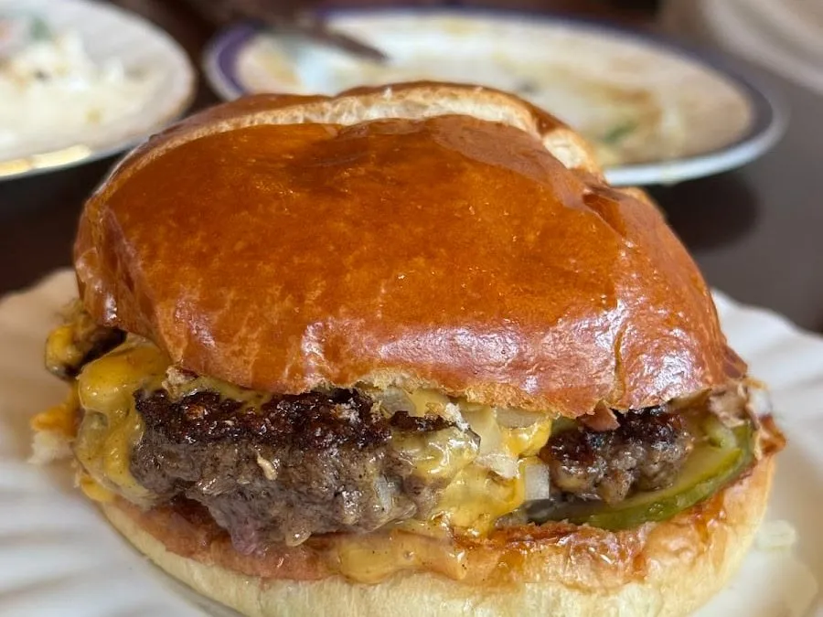A close-up of The Plimsoll's cheeseburger: a glossy brioche bun over a crusted beef patty, melted cheese, diced onion, a pickle slice and burger sauce