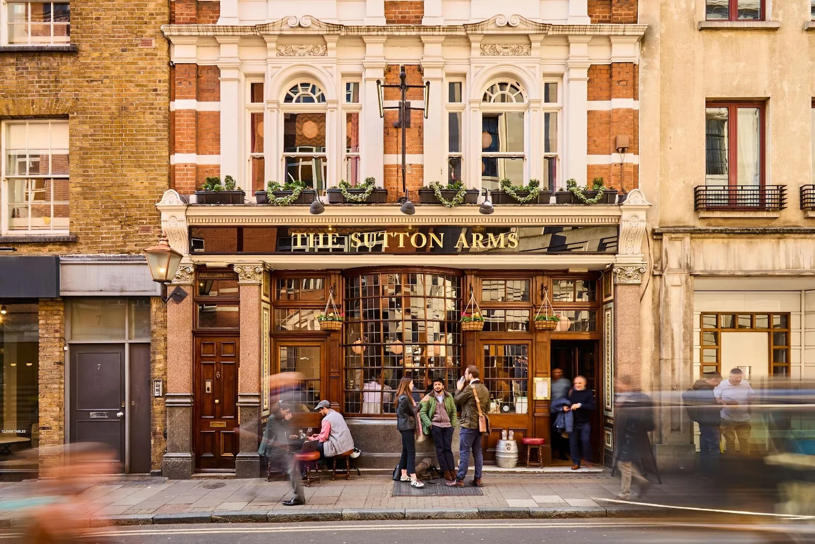 The Sutton Arms' ornate Victorian corner frontage on Great Sutton Street, Clerkenwell