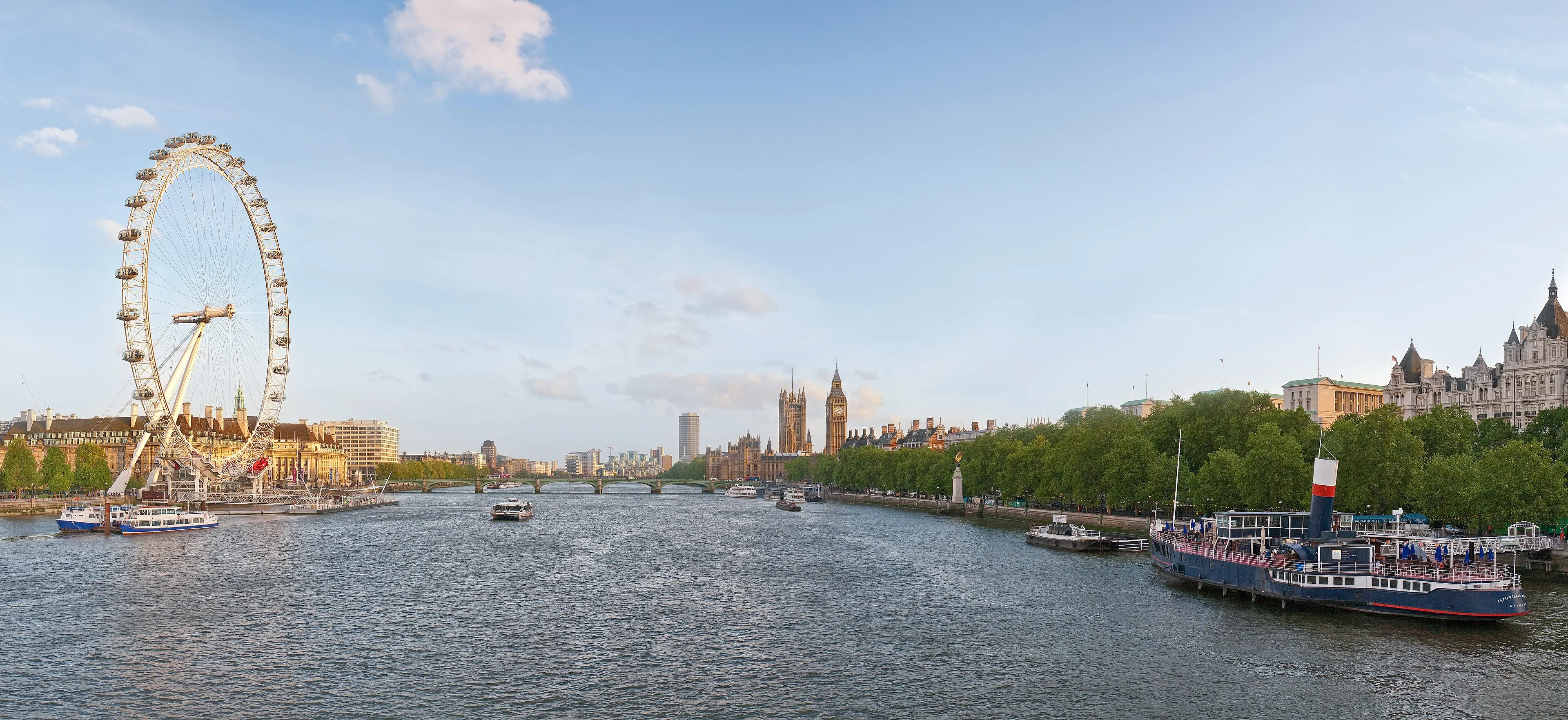 A panorama of the Thames with the London Eye, Westminster Bridge and Parliament