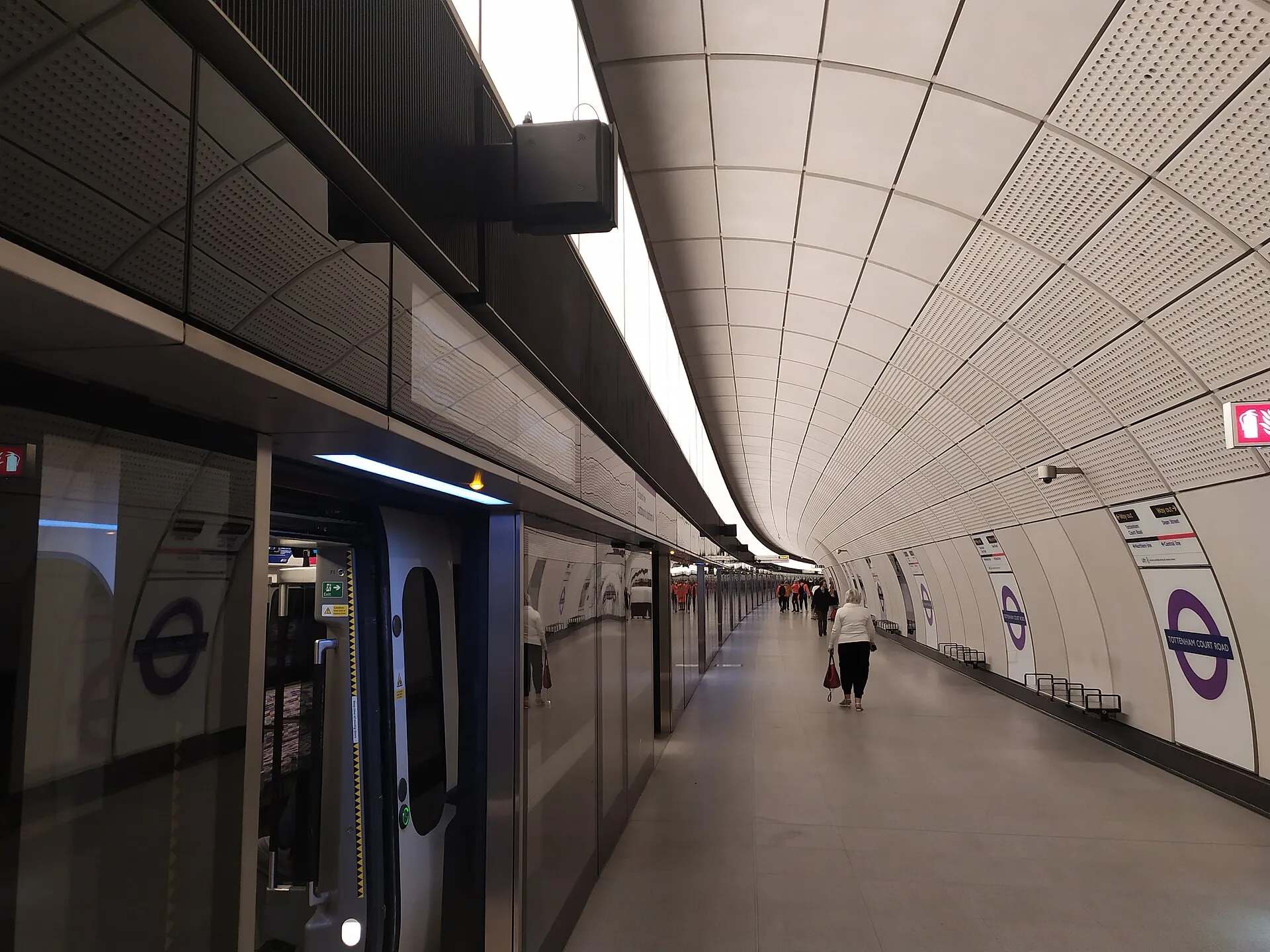 The eastbound Elizabeth line platform at Tottenham Court Road, with full-height platform-edge doors level with the platform floor