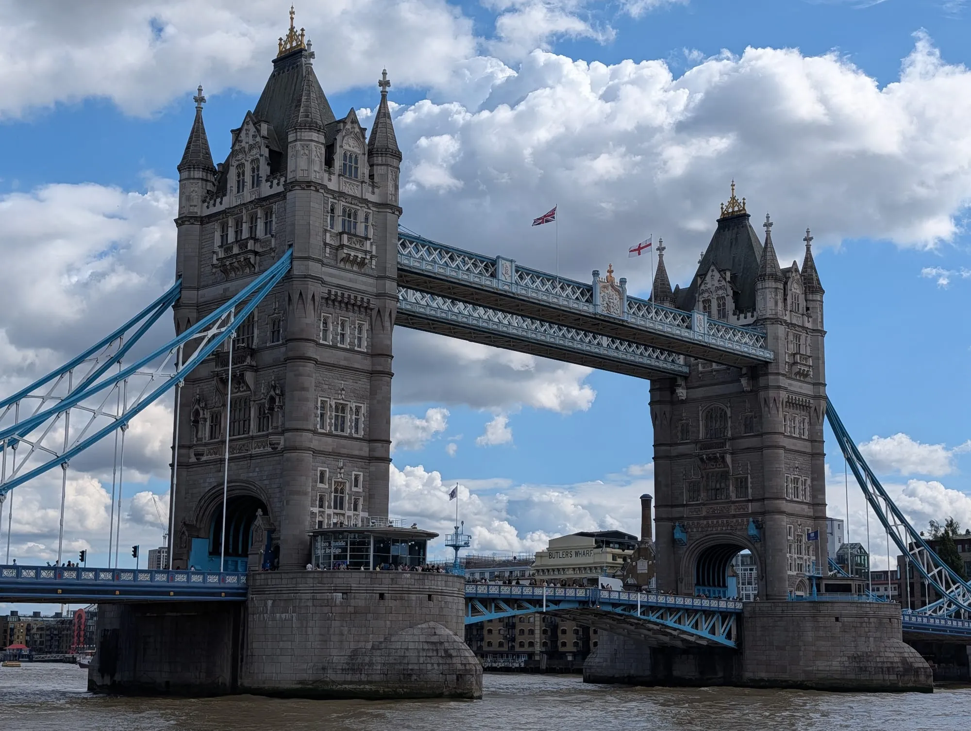Tower Bridge from the north bank, both towers and the raised walkways above the road deck