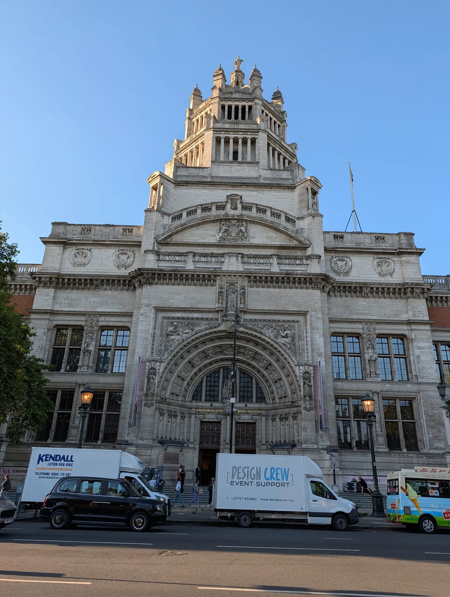 The carved stone entrance arch of the Victoria and Albert Museum on Cromwell Gardens