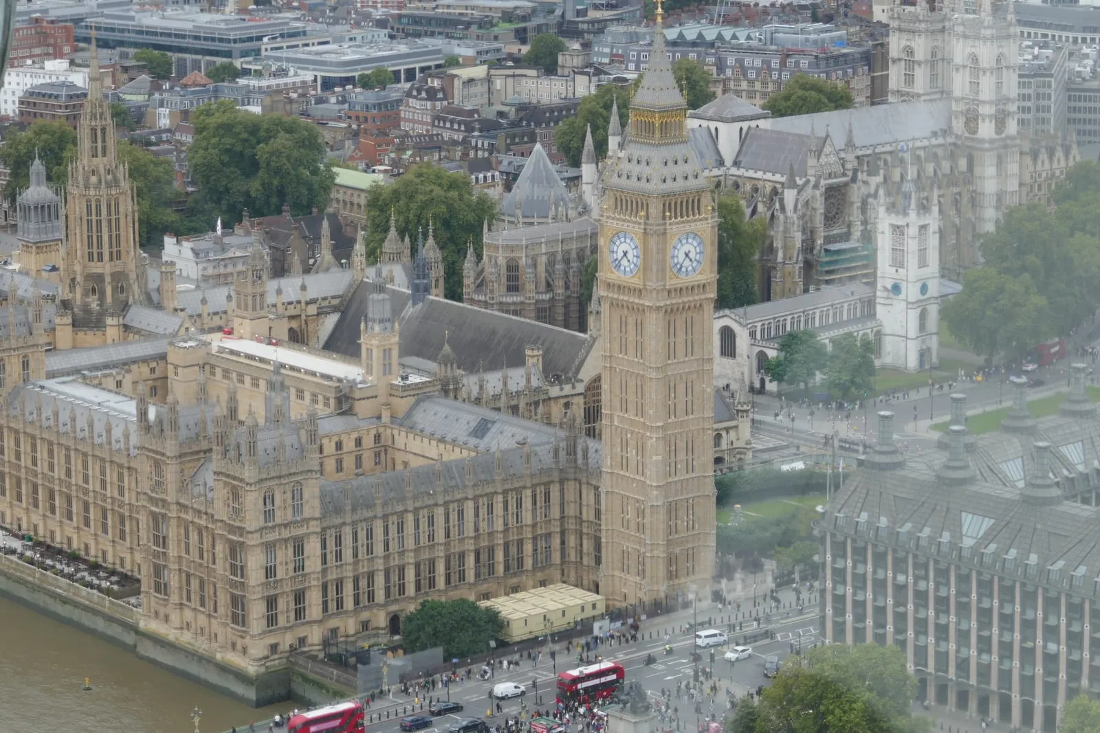 The Palace of Westminster and Big Ben viewed from high above on the London Eye with the River Thames below