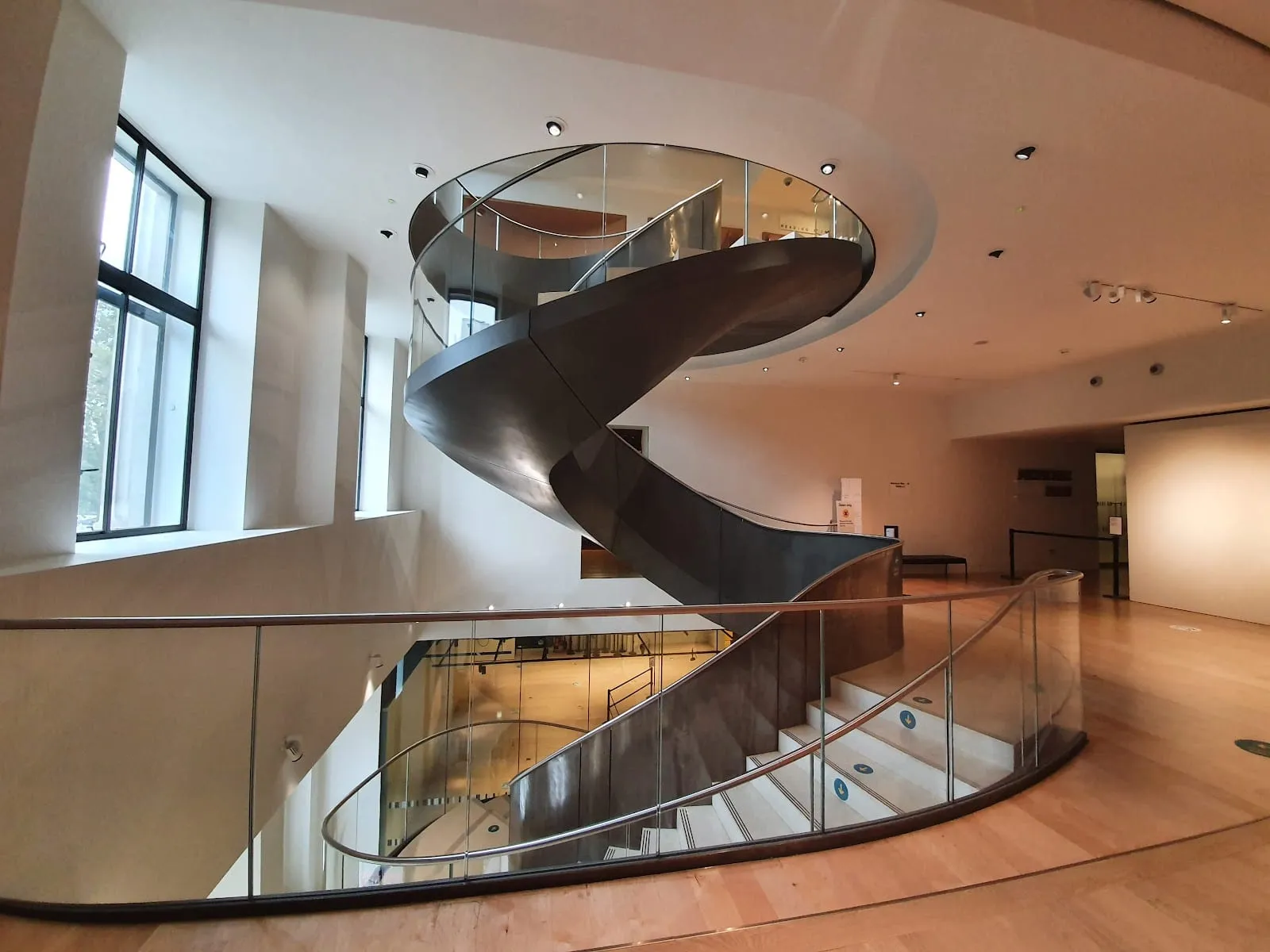 A curved metal and glass staircase spiralling up to the Wellcome Collection's Reading Room level