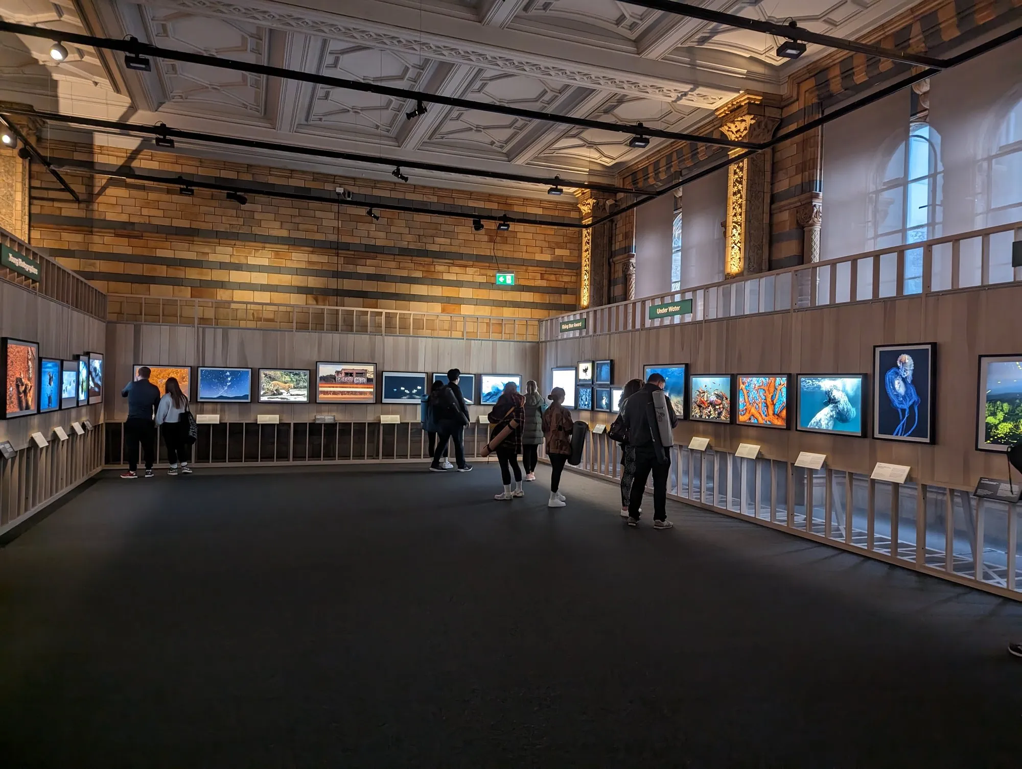 Visitors looking at framed prints on the walls of the Wildlife Photographer of the Year exhibition at the Natural History Museum