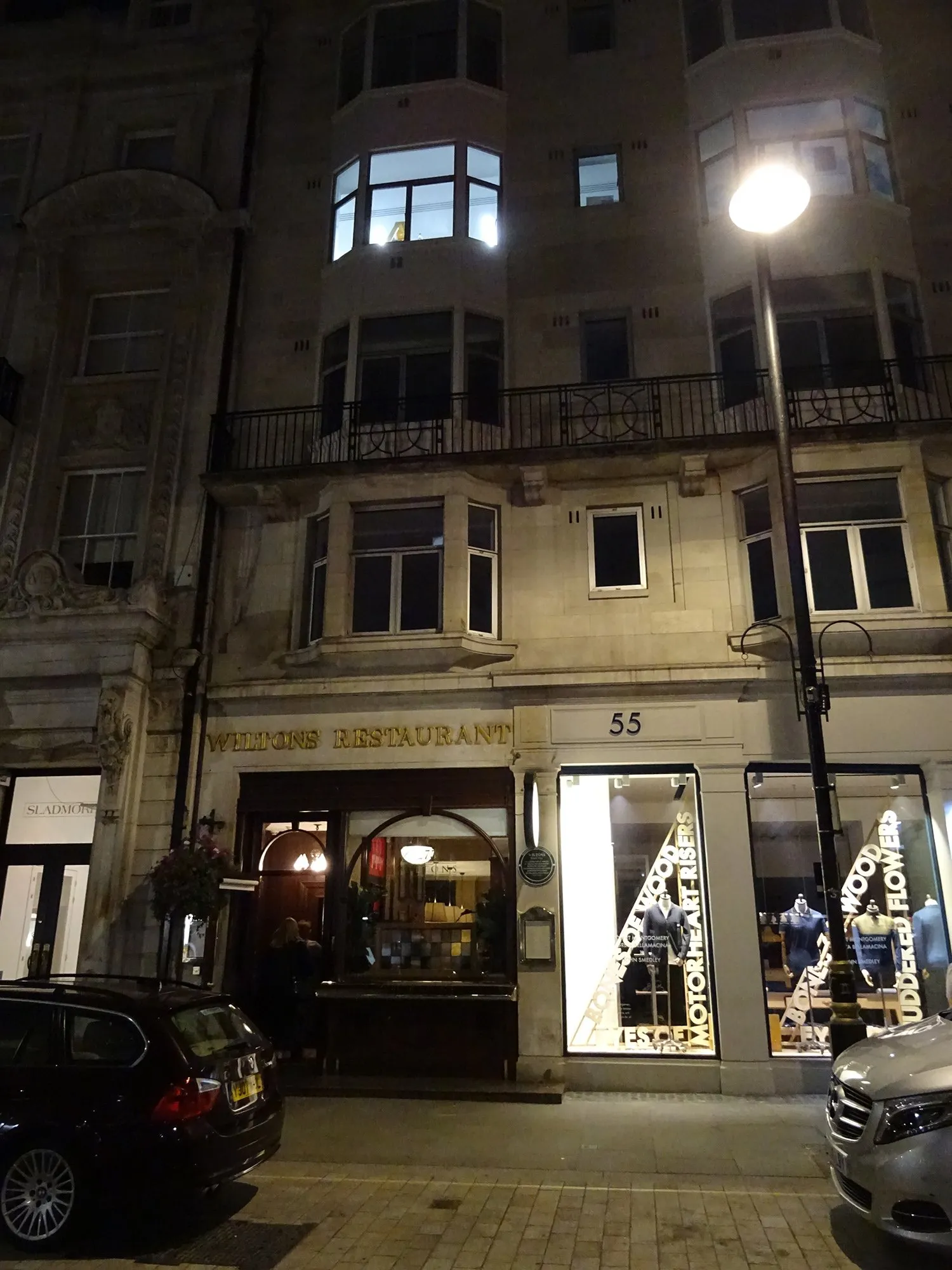 The frontage of Wiltons Restaurant on Jermyn Street at night