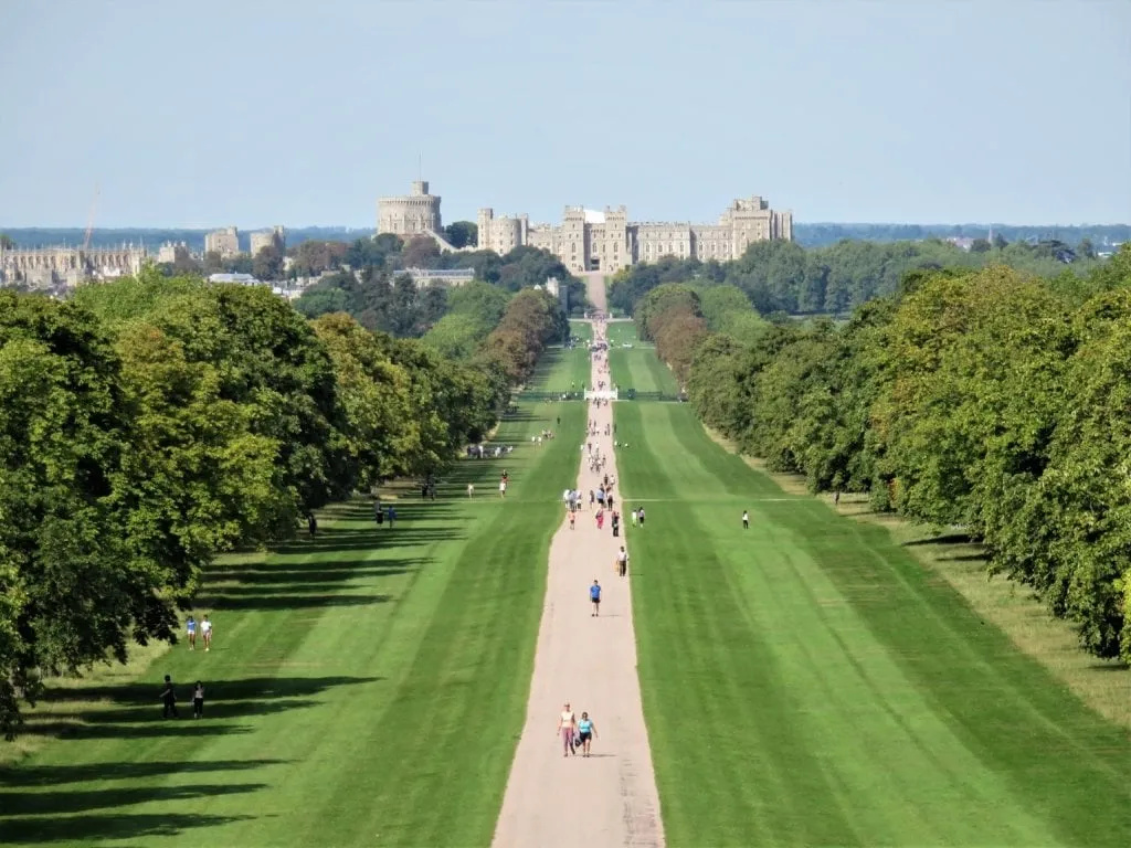 The Long Walk running straight between two rows of trees towards Windsor Castle on the skyline, with walkers dotted along the gravel path