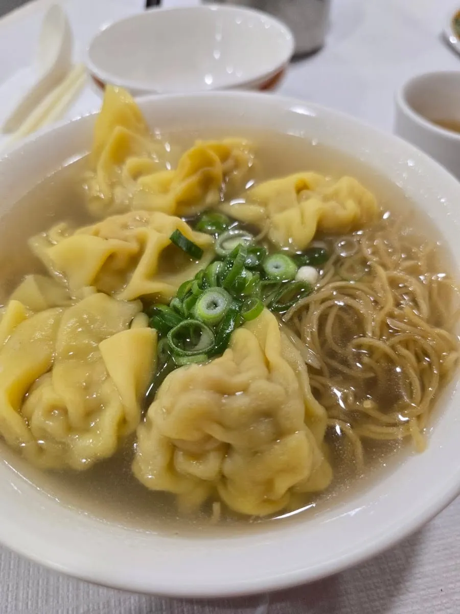 A bowl of wonton soup with pork wontons, thin egg noodles and spring onion