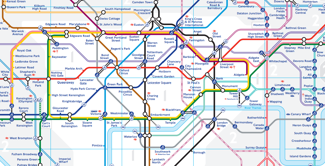 Transport for London's rail and Tube services map, showing Zones 1 and 2
